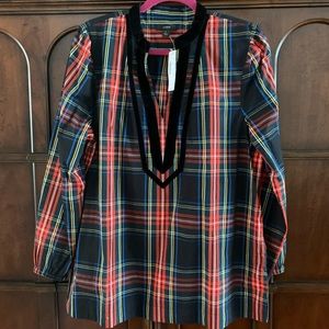 J Crew plaid v neck tunic with velvet trim